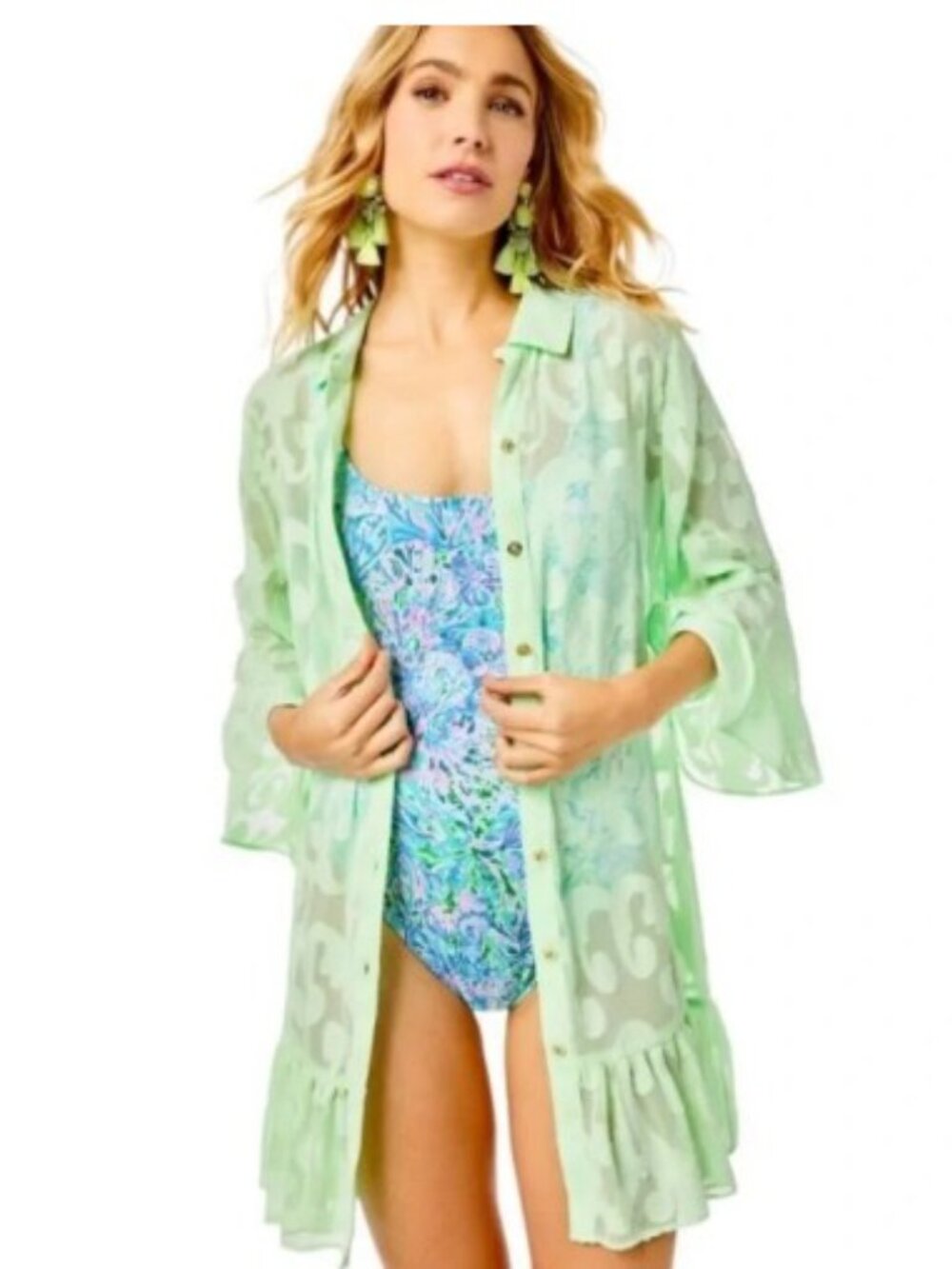 Lilly Pulitzer Collared Swim Cover Up Dress Pistachio Green Poly Crepe Swirl XS